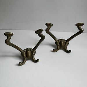  2 Antique Cast Brass Wing Double Coat Hook Hall Tree Architectural Salvage
