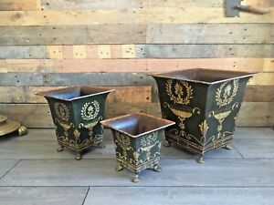 Graduated Set Of 3 Antique French Toleware Regency Urn Footed Jardiniere Planter