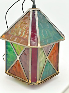 Vintage Arts Crafts Stained Glass Hanging Light Fixture Lamp Lantern