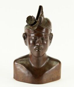  Antique Indonesian Wooden Carving Head Bust Of Young Man Warrior Bali