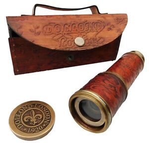 Brass Telescope Antique Spyglass Leather Engraving Scope Pirate Vintage Style