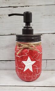 Primitive Crackle Red White Star Mason Jar Soap Dispenser Choice Top