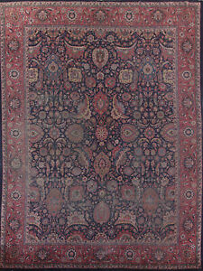 Pre 1900 Navy Blue Vegetable Dye Tebriz Antique Rug 10x15 Handmade Large Carpet