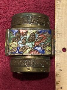 Vintage Enamel Brass Repousse Tea Caddy Box Jar Trinket