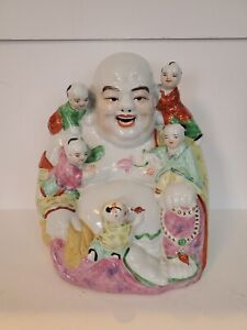 Vintage Chinese Famille Rose Porcelain Happy Buddha With 5 Children
