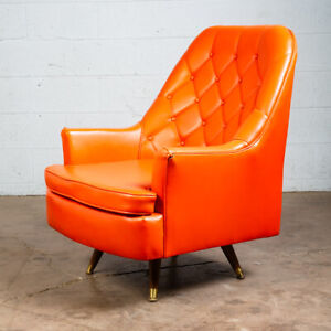 Mid Century Danish Modern Lounge Chair Tufted Orange Swivel Wood Base Vintage