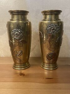 Antique Japanese Mixed Metal Pair Vases Bronze Copper And Silver Meiji Era