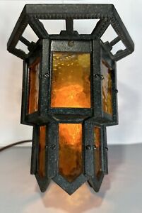 Antique Herwig Arts Crafts Cast Iron Ceiling Light Lamp Amber Glass Skyscraper