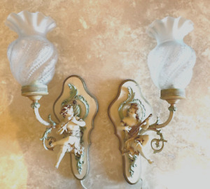 Pair Of Antique French Spelter Cherub Lighted Wall Sconces