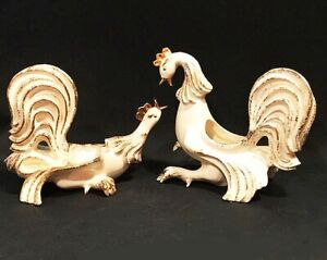 Mid Century Pottery Pair Of Sparring Roosters Planters Marked 1954 Cream And
