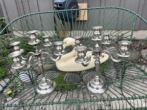 Pair Of Vintage Silver Plate Heavy Large 5 Arm 14 5 In Tall Candelabras
