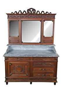 Antique French Neoclassical Oak Marble Mirrored Dresser Sideboard Buffet Server