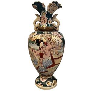 Antique Japanese Hand Painted Satsuma Moriage Urn Vase 12 Iris Geisha Crackle