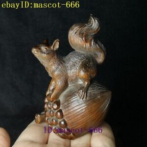H 9 5 Cm Chinese Boxwood Hand Carved Pinecone Squirrel Animal Statues Ornament