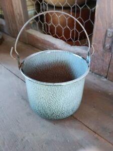 Old Antique Small Grey Graniteware Berry Bucket With Wire Handle