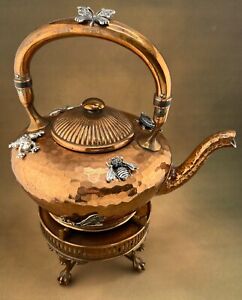 Gorham Mixed Metal Copper Sterling Tea Kettle On Stand Museum Fantasy Piece 