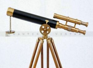 Nautical Navy Brass Double Barrel 18 Telescope With Wooden Tripod Stand Marine