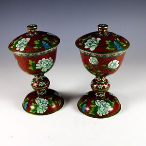 Pair Vintage Of Chinese Cloisonn 8 Lidded Urns W Lotus Flowers