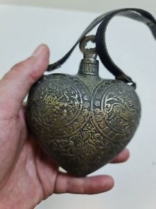 Antique Vintage Gun Powder Flask Engraved Brass Copper