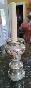 Antique Silvered Mercury Glass Candle Holder Painted Floral Large 8 1 2 4 1 2 