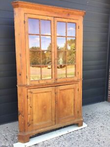 2 Piece 90 Tall 53 Wide Primitive Pine Corner Cabinet Cupboard W Glass Doors