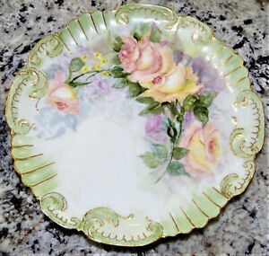 Hand Painted Roses Cabinet Plate Antique European Porcelain Signed Weldon 1901