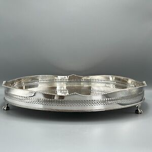 Extra Large Vintage Silver Plated Round Gallery Tray Drinks Cocktail Feet Butler