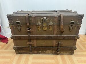 Vintage Wood Steamer Trunk W Tray Chest Coffee Table Storage Box Antique Brown