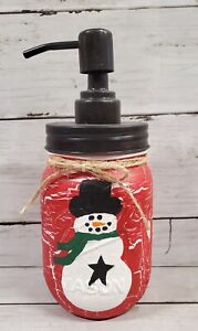 Christmas Winter Red Crackle Painted Snowman Mason Jar Soap Dispenser