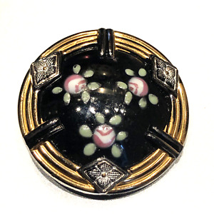 Black Victorian Glass Antique Button W Pink Painted Roses Turn Again Design