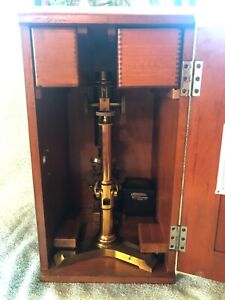 1886 Solid Brass Microscope W Slides Lens S In Box
