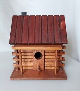 Vtg Folk Art Primitive Style Hand Made Natural Wood Log Cabin Bird House