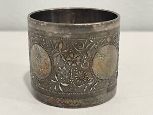 Antique Silver Plated Napkin Ring Floral Decoration Engraved J W Mcgowen