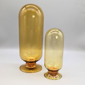 Vintage Blown Glass Apothecary Display Jars Amber Inverted Cork Stopper Pair