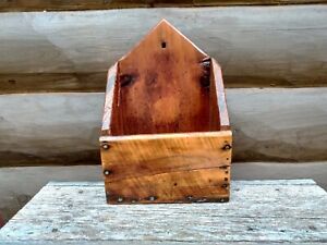 Antique Primitive Wood Salt Box Top Wall Pocket Hanging Candle Box