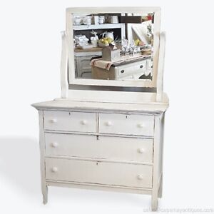 Antique Painted White Dresser W Mirror 4 Drawers Distressed Swing Arm Mirror