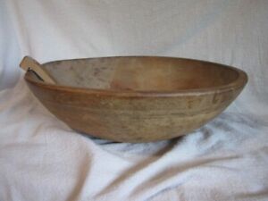 Antique Primitive Double Rimmed Wood Dough Bowl Butter Paddle Large 16 7 8 