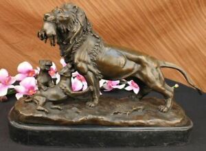 Signed Barye Male Lion With Cubs Bronze Figurine Sculpture Statue Animal Decor