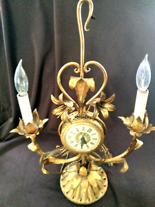 Italy French Tole Gilt Gold Metal 2 Candle Table Lamp Light W Clock Wow 