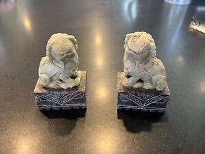 Pair Of Small Soapstone Foo Dogs On Stands 