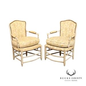 French Provincial Style Pair Of Distress Painted Pair Of Armchairs
