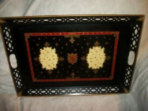 1960s Hp Tole Tray French Hollywood Regency Unique Design Reticulated Metal