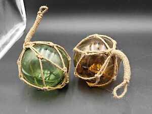 Lot Of 2 Decorative Glass Fishing Float Buoy Balls Amber Green W Nets