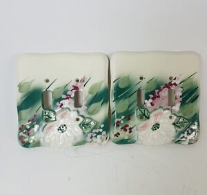 Vintage Set Of 2 Light Switch Plate Cover Porcelain Hand Painted Flowers 6 5 