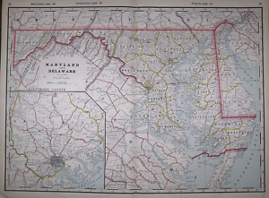 1889 Map Maryland Delaware Xl17x23 Colored Good Condition Free S H 006