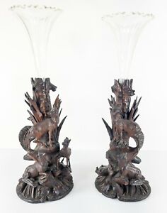 Pair Of Antique German Austrian Black Forest Carved Walnut Wood Vases As Is