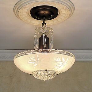 415c Vintage Antique Ceiling Light Lamp Fixture Glass Shade Chandelier 30 S 40 S