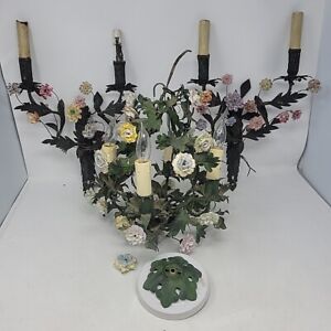 Metalwork Flower And Vine Chandelier And Wall Sconces Hand Painted With Ceramic