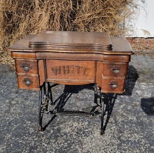 Antique White Rotary Treadle Sewing Machine Original Wood Cabinet Rare Read