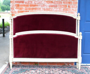 French Antique Upholstered Louis Xvi Full Size Bed Burgundy Velvet Fabric